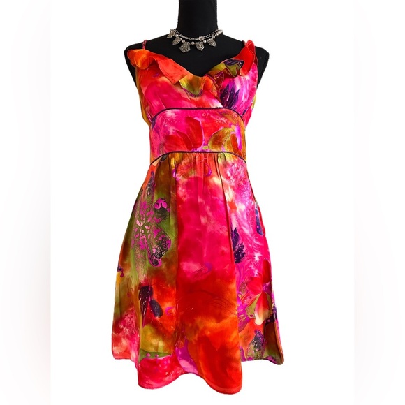 ANDREA BEHAR ~ Vibrant Multicolor Women's Silk Spaghetti Strap Dress size 4 - Picture 1 of 9